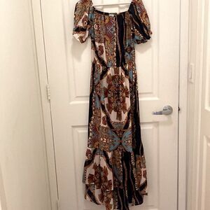 Golden Sirena Maxi Dress On/Off Shoulder, Short Sleeve, High Low Ruffled hem.